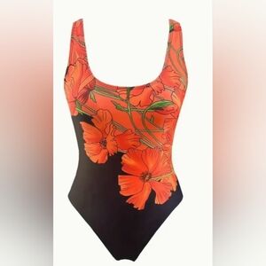 Floral Orange & Black One Piece Swimsuit NEW sz 14
